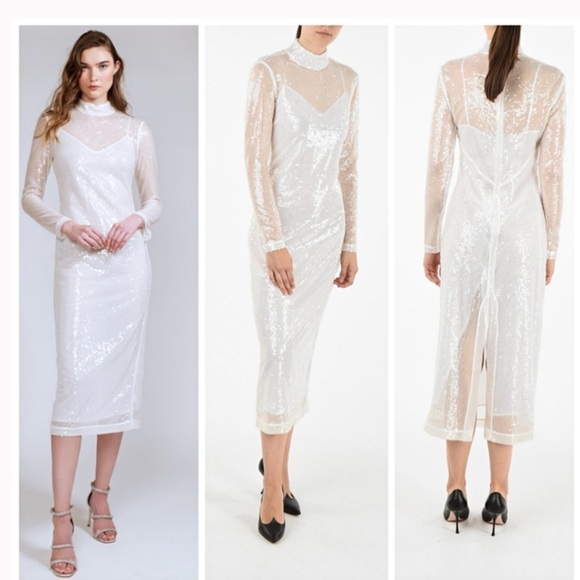 STAUD Liza Sequin Mock Neck Dress In White - Picture 2 of 11